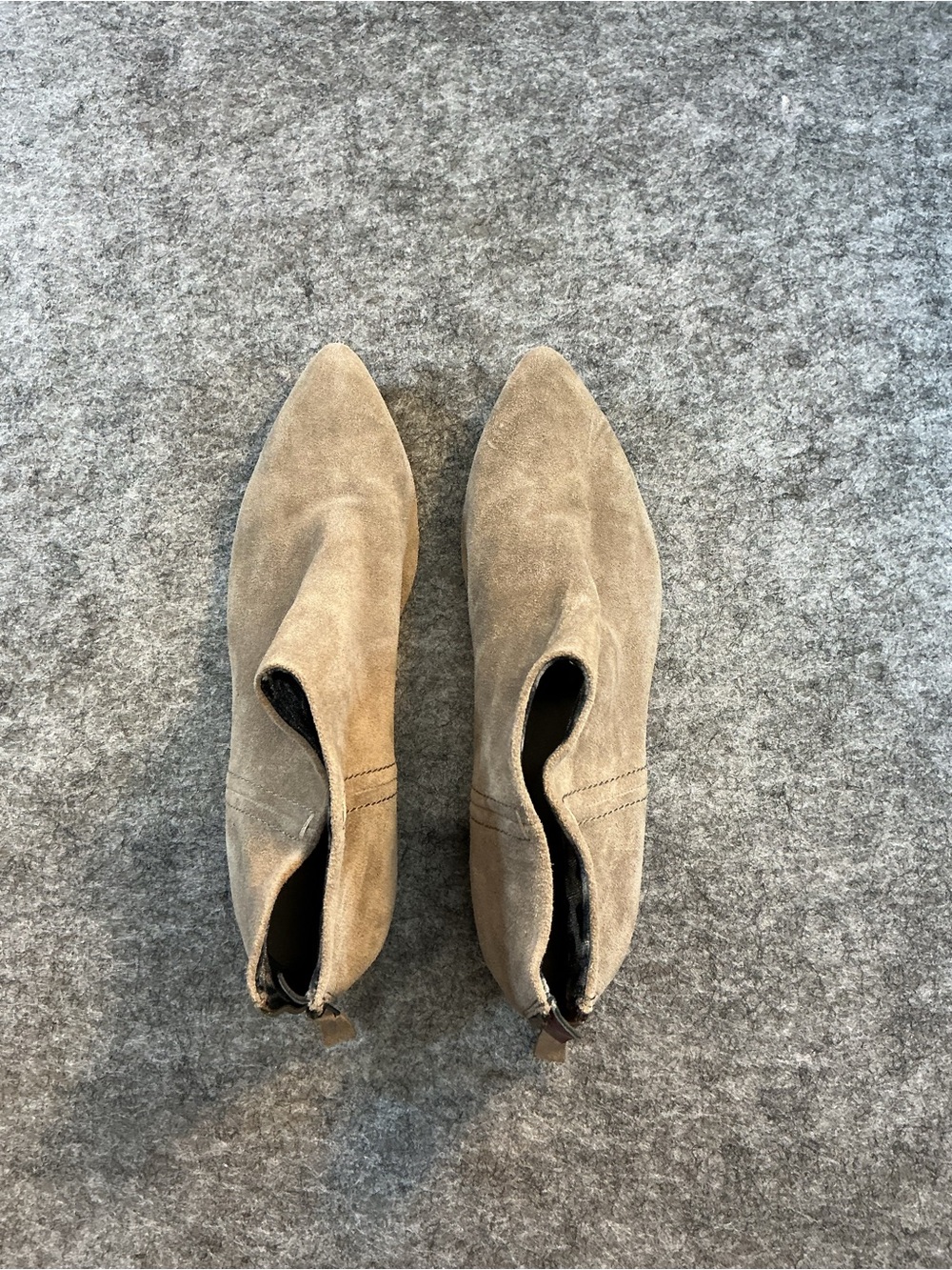Naked Feet Taupe Suede Pointed Ankle Booties Length 14 in